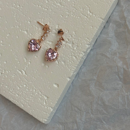 Crystal Heart Ear Rings-Pink